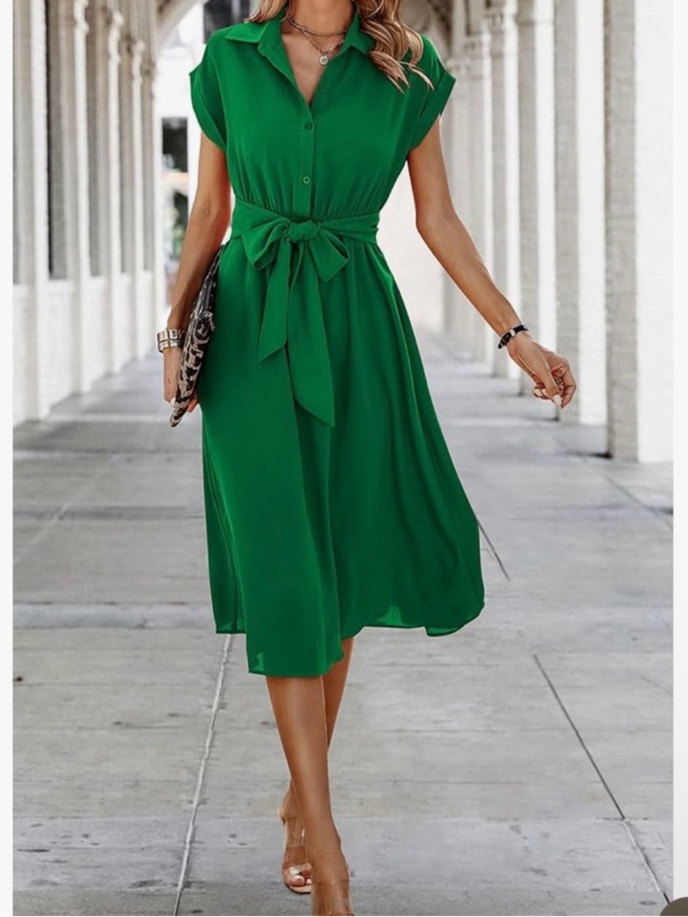 Ladies Size S Emerald Green Tie-Waist Midi Shirt Dress‎ NEW